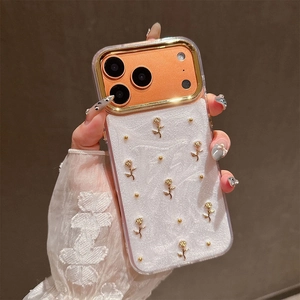 Luxury iPhone case with 3D gold roses, marble glitter texture and metallic lens protection