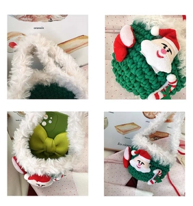 Detail view of handmade Christmas crochet mini bag with plush trim and holiday charms