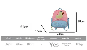 Toddler backpack size guide showing dimensions 28x24x10cm with cute duck design