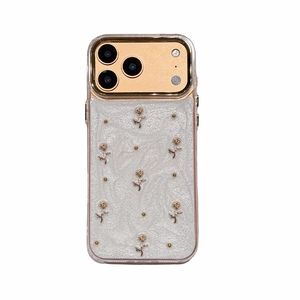 Elegant iPhone case with pearl white glitter finish and golden rose relief patterns