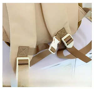 Detail of adjustable nylon straps and durable plastic buckles on a cute duck backpack