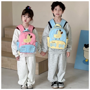 Front view of cute pink and blue cartoon duckling backpacks for toddler school kids