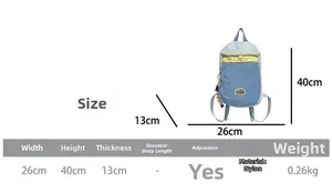 Size chart showing 26x40x13cm dimensions and 0.26kg weight for the nylon backpack