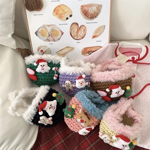 Christmas Handbag Hand Knitted Crochet Plush Fur Trim Santa Claus Gingerbread Man Decoration Festive Holiday Kids Girls