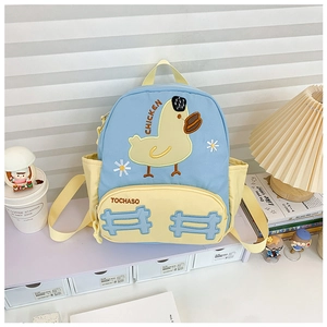 Detail of blue toddler backpack with yellow chicken embroidery and side pockets