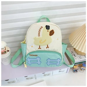Detail of cute chicken embroidery on beige and mint green toddler backpack for school