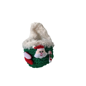 Handmade crochet Christmas gift basket with Santa Claus and plush trim design