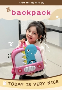 Close-up of lightweight pink dinosaur hardshell backpack for kindergarten kids