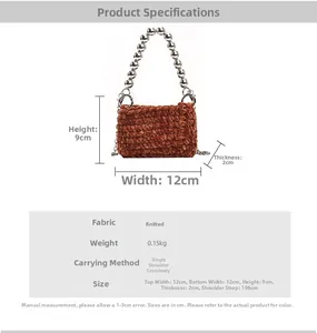 Detail view of brown knitted mini handbag for girls with dimensions and beaded handle