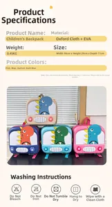 Detailed spec sheet showing material size and multi-color dinosaur backpacks for kids