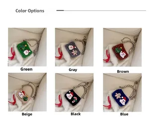 Detail display of six colorful knitted Christmas mini bags with festive cartoon characters