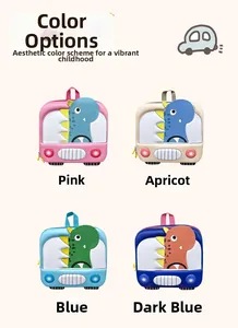 Detailed four-color grid of cartoon dinosaur bus backpacks in pink, blue, and beige
