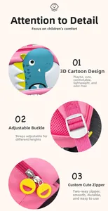 Detail of pink toddler backpack showing 3D dinosaur decor and adjustable buckles