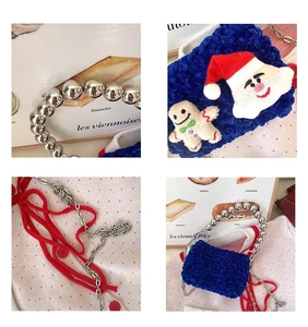 Detail of Christmas plush handbag with beaded handle and cute cartoon character patches