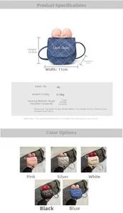 Détail montrant les dimensions et cinq options de couleur pour ce mini sac nœud pour enfant