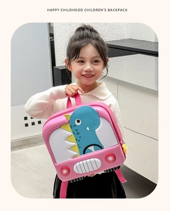 Pink egg-shell toddler backpack with 3D cartoon dinosaur and bus design