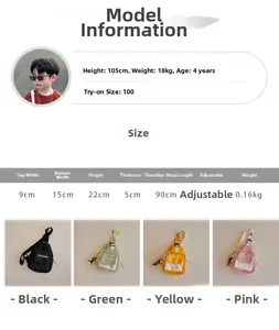 Detailed size chart for kids canvas crossbody bag showing dimensions and model measurements