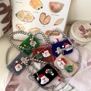 Christmas Mini Knit Crossbody Bag With Bead Handle And Metal Chain For Kids Cartoon Santa Gingerbread Man Decor Cute