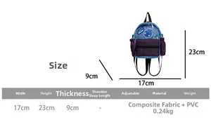 Guida alle taglie dello zainetto per bambini con dimensioni 23x17x9cm e dettagli