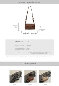 Detailed size and material guide for minimalist PU leather crossbody bag showing dimensions