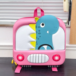 Front view of pink 3D dinosaur hard shell toddler backpack with cute cartoon car design