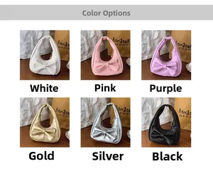 Showcase of six colorful mini bags with bow detail in white pink purple gold silver and black