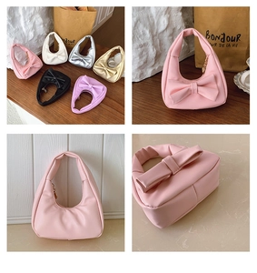Detailed grid view showing sweet mini bow handbags in pink, silver, and gold leather colors