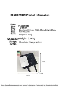 Detailed size specifications and dimensions for denim cloud tote bag with embroidery