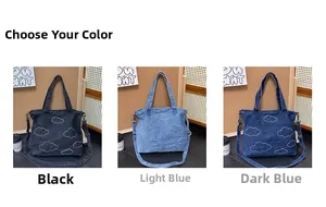 Three denim tote bags with cloud embroidery in black, light blue, and dark blue colors