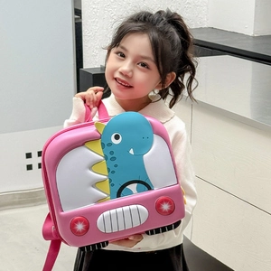 Pink 3D shell backpack with blue cartoon dinosaur for toddlers, girl modeling outdoor bag