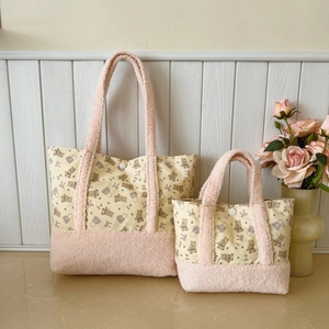 Kids Bear Printed Canvas Tote Bag With Pink Plush Trim Cute Winter Handbag Shoulder Bag For Girls Boys