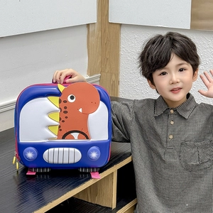 3D cartoon dinosaur hard shell toddler backpack in blue with pink straps for school