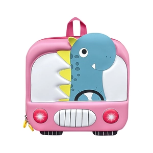 Pink eggshell schoolbag featuring a 3D blue dinosaur driving a cartoon bus design