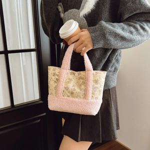 Cute bear print kids shoulder bag made of plush fabric and canvas with snap closure