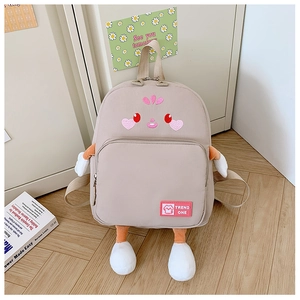 Detail of cartoon character backpack with 3D plush limbs and TREND ONE brand label