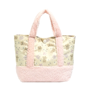 Cute pink plush bear shoulder bag with fashion print and soft fleece handles for kids
