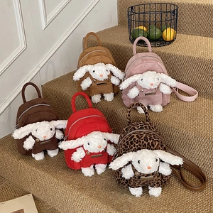 Kids Mini Backpack With 3D Plush Rabbit Doll PU Suede Lightweight Cartoon Animal School Bag For Toddler Girls Boys