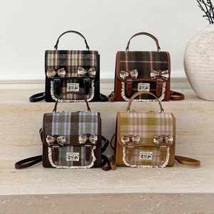 Kids Plaid Backpack Woolen PU Leather Lace Trim Bowknot Vintage British Style School Bag For Girls Boys