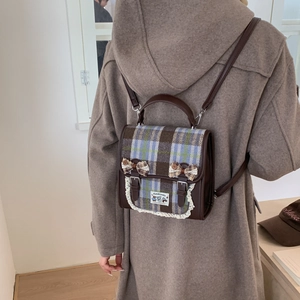 British style checkered backpack for boys and girls with lace trim and bowknot detail