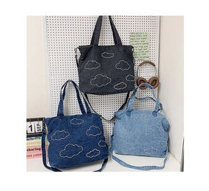Three shades of denim tote bags with white cloud embroidery for casual school life style