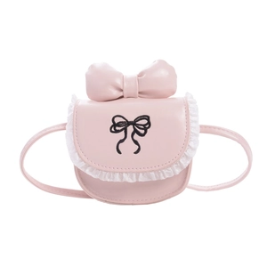 Pink mini crossbody bag with lace trim and bow accent for young girls and toddlers