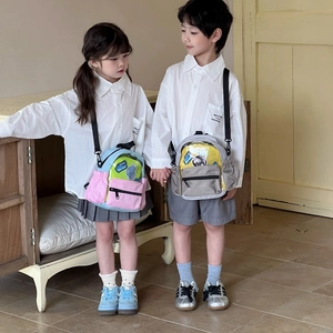 Zaino per bambini color-block con tasca in PVC trasparente e toppe a cartoni animati