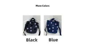 Close-up of denim bucket bags with pom-pom details in black and blue color variants