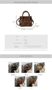Detailed chart showing mini crossbody bag dimensions, weight, and multiple color options