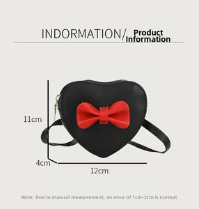 Size guide for heart-shaped crossbody bag with red bow and 12cm x 11cm dimensions