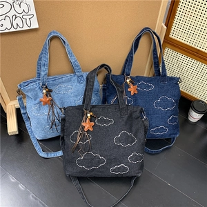 Cloud Embroidery Denim Tote Bag Large Capacity Casual Women Shoulder Crossbody Bag With Star Charm Shopping Bag