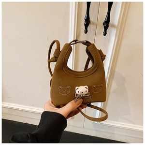 Detail of a brown bear mini handbag for girls featuring plush decor and embroidery