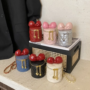 Mini Zylindrische Umhängetasche Für Kinder Mit Schleife Gesteppt PU Leder Denim Metallkette Umhängetasche Für Kleinkinder