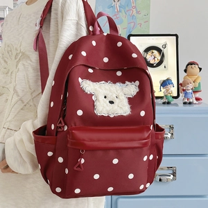 Sac à dos mignon bordeaux à pois avec écusson chiot en peluche pour les enfants