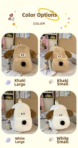 Detail view of cartoon dog plush backpacks in khaki and white colors and two sizes